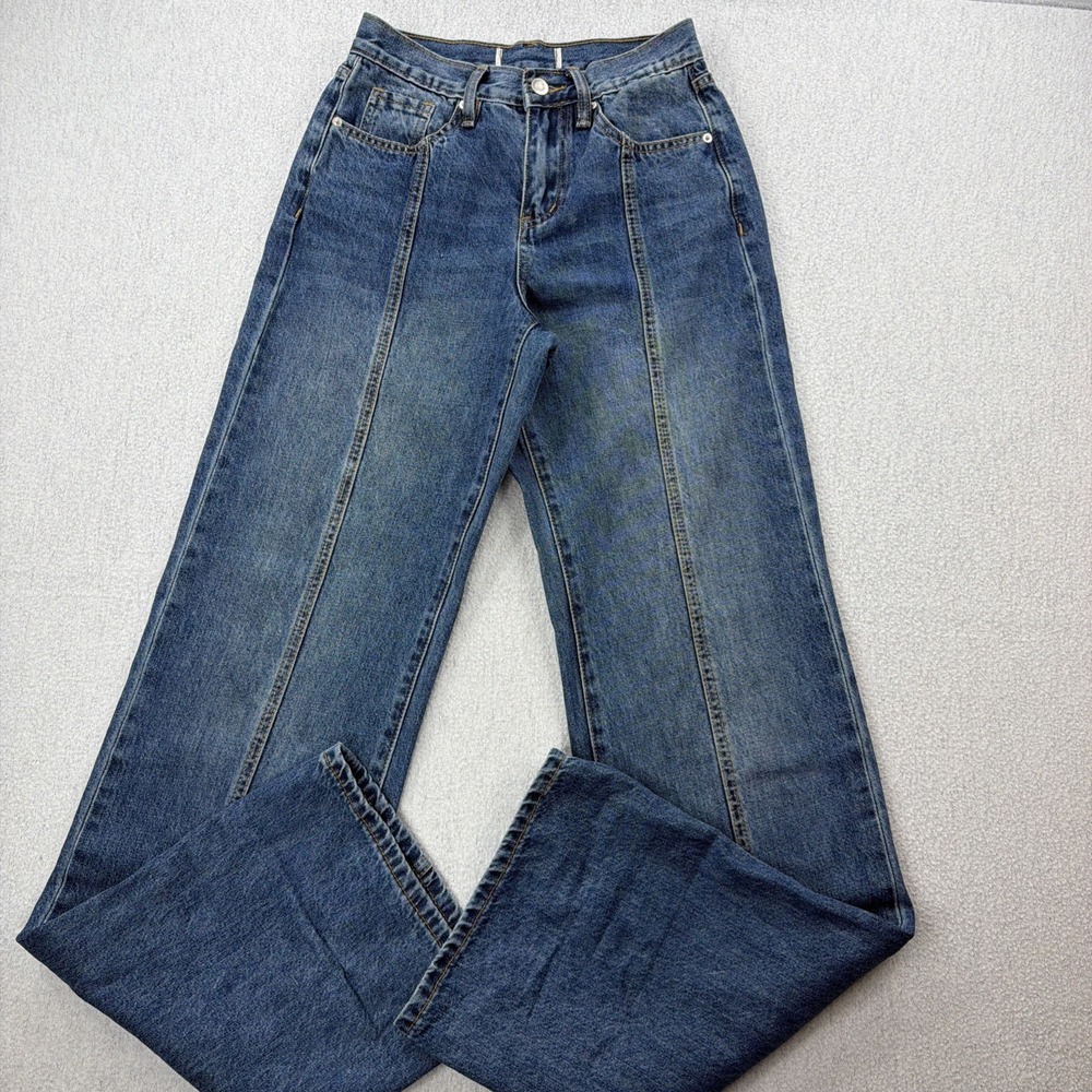 Y2k Front Seam Tall Mid Rise Wide Leg Blue Jeans Sz 0 X 37" Skater Streetwear